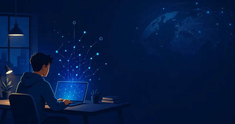 Student working remotely with glowing AI network lines, representing the UNDP AI and Innovation Internship 2026